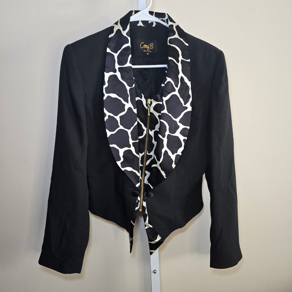 Corey B New York Womens Black Blazer Jacket‎ Animal Print Lapel Zipper Size 10